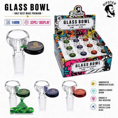 HIPSTER DEEP ROUND W/FLAT TAB COLORED 14MM GLASS BOWL 32CT/ DISPLAY BMDSET05